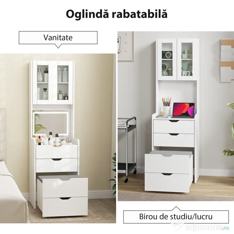 HOMCOM Stație de Machiaj cu Lumini LED în 3 Culori, Oglindă Rabatabilă, Scaun Ascuns, Măsuță de Machiaj cu Scaun Îmbunătățit, 3 Sertare, Compartiment, Dulap cu Uși din Sticlă, Modern, Alb | Aosom Romania