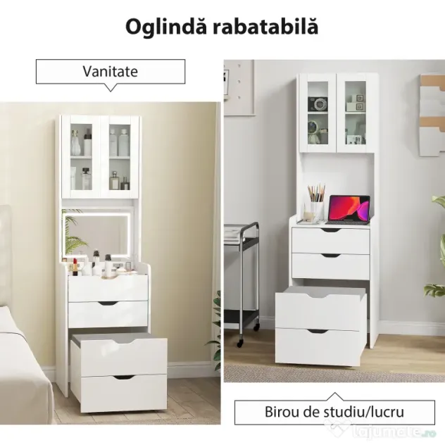 HOMCOM Stație de Machiaj cu Lumini LED în 3 Culori, Oglindă Rabatabilă, Scaun Ascuns, Măsuță de Machiaj cu Scaun Îmbunătățit, 3 Sertare, Compartiment, Dulap cu Uși din Sticlă, Modern, Alb | Aosom Romania