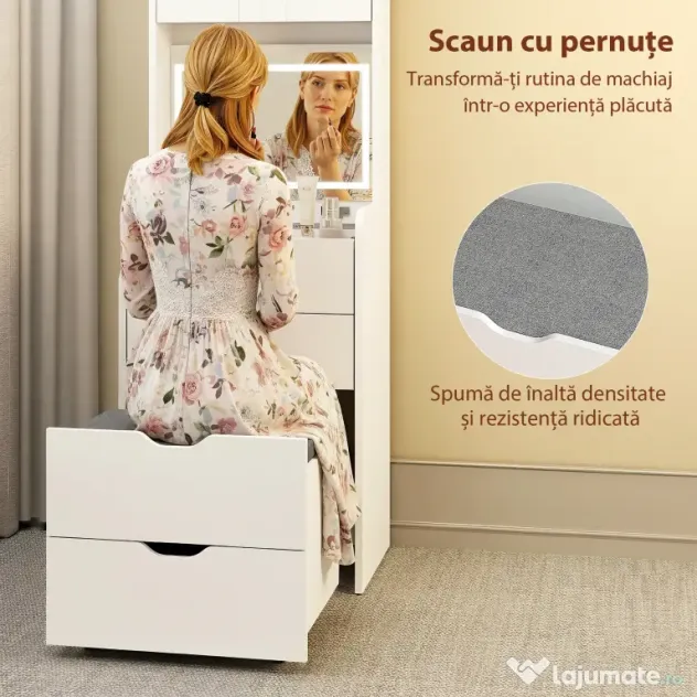 HOMCOM Stație de Machiaj cu Lumini LED în 3 Culori, Oglindă Rabatabilă, Scaun Ascuns, Măsuță de Machiaj cu Scaun Îmbunătățit, 3 Sertare, Compartiment, Dulap cu Uși din Sticlă, Modern, Alb | Aosom Romania