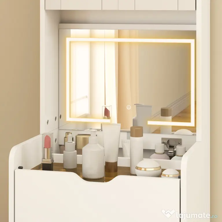 HOMCOM Stație de Machiaj cu Lumini LED în 3 Culori, Oglindă Rabatabilă, Scaun Ascuns, Măsuță de Machiaj cu Scaun Îmbunătățit, 3 Sertare, Compartiment, Dulap cu Uși din Sticlă, Modern, Alb | Aosom Romania