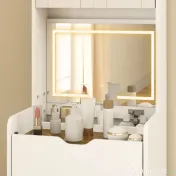 HOMCOM Stație de Machiaj cu Lumini LED în 3 Culori, Oglindă Rabatabilă, Scaun Ascuns, Măsuță de Machiaj cu Scaun Îmbunătățit, 3 Sertare, Compartiment, Dulap cu Uși din Sticlă, Modern, Alb | Aosom Romania 