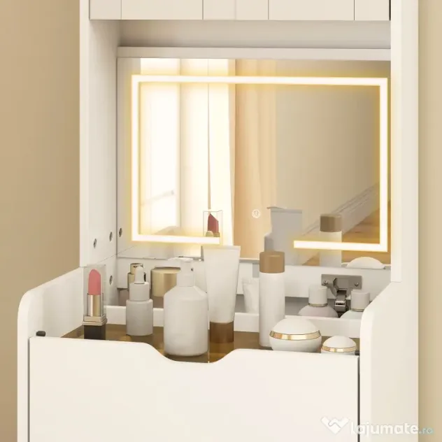 HOMCOM Stație de Machiaj cu Lumini LED în 3 Culori, Oglindă Rabatabilă, Scaun Ascuns, Măsuță de Machiaj cu Scaun Îmbunătățit, 3 Sertare, Compartiment, Dulap cu Uși din Sticlă, Modern, Alb | Aosom Romania