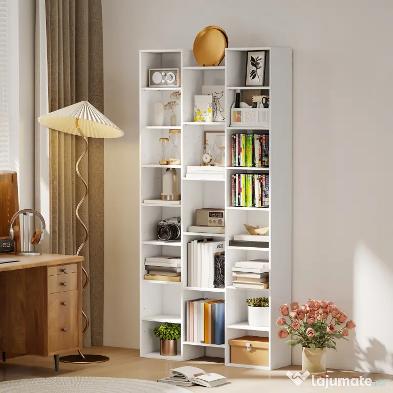 HOMCOM Bibliotecă Modernă din Lemn Înaltă 181 cm cu 21 Compartimente și 10 Rafturi Reglabile, Alb