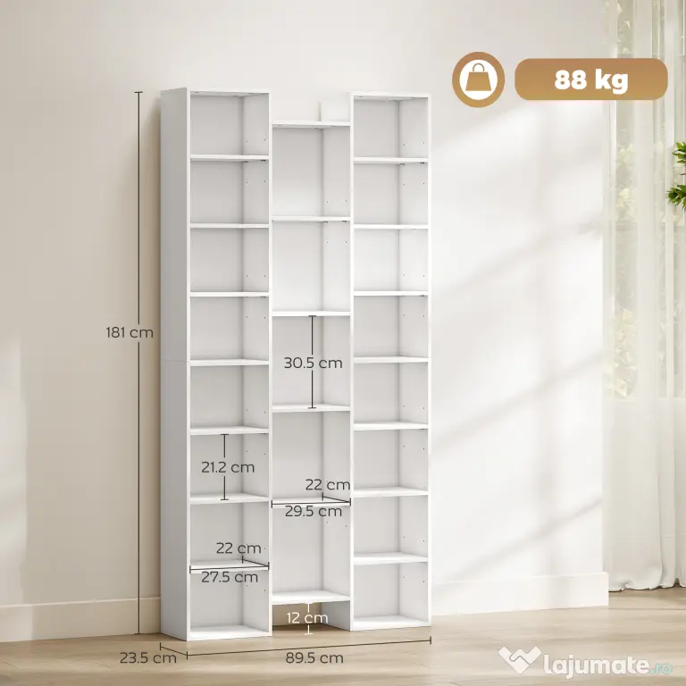 HOMCOM Bibliotecă Modernă din Lemn Înaltă 181 cm cu 21 Compartimente și 10 Rafturi Reglabile, Alb