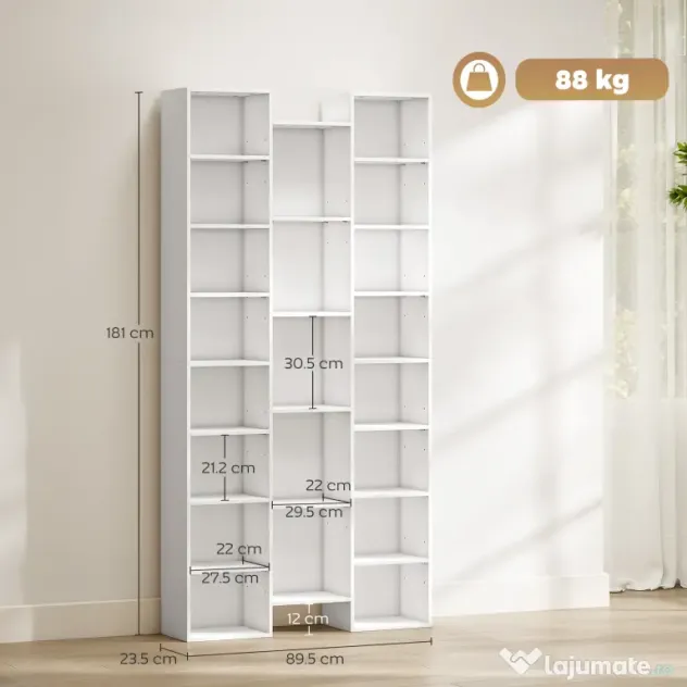 HOMCOM Bibliotecă Modernă din Lemn Înaltă 181 cm cu 21 Compartimente și 10 Rafturi Reglabile, Alb