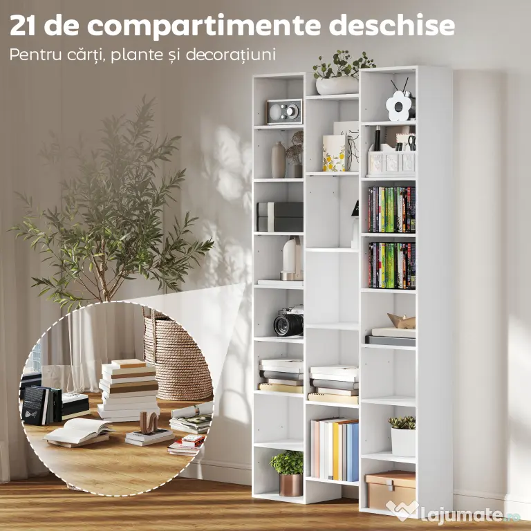 HOMCOM Bibliotecă Modernă din Lemn Înaltă 181 cm cu 21 Compartimente și 10 Rafturi Reglabile, Alb