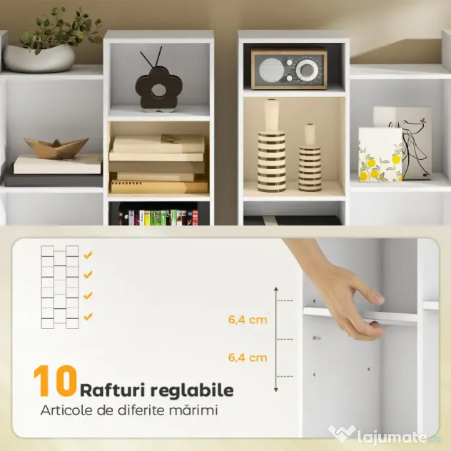 HOMCOM Bibliotecă Modernă din Lemn Înaltă 181 cm cu 21 Compartimente și 10 Rafturi Reglabile, Alb