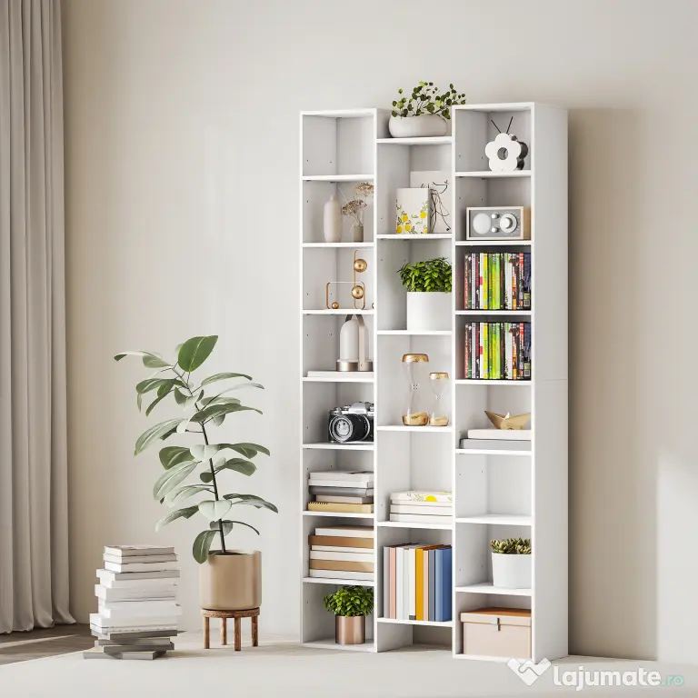 HOMCOM Bibliotecă Modernă din Lemn Înaltă 181 cm cu 21 Compartimente și 10 Rafturi Reglabile, Alb