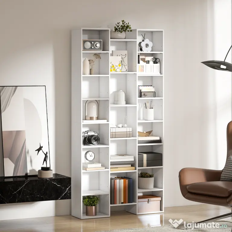HOMCOM Bibliotecă Modernă din Lemn Înaltă 181 cm cu 21 Compartimente și 10 Rafturi Reglabile, Alb
