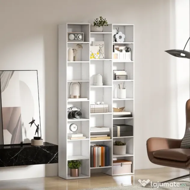HOMCOM Bibliotecă Modernă din Lemn Înaltă 181 cm cu 21 Compartimente și 10 Rafturi Reglabile, Alb