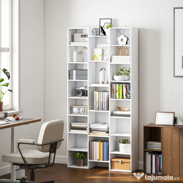 HOMCOM Bibliotecă Modernă din Lemn Înaltă 181 cm cu 21 Compartimente și 10 Rafturi Reglabile, Alb