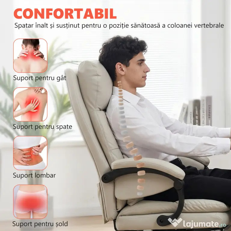 HOMCOM Scaun de Birou cu Masaj la 6 Puncte și Funcție de Încălzire, Reglabil 135° din Piele PU cu Suport pentru Picioare, Brațe Tapițate, Înălțime Reglabilă, Spătar Înalt, Gri Deschis | Aosom Romania