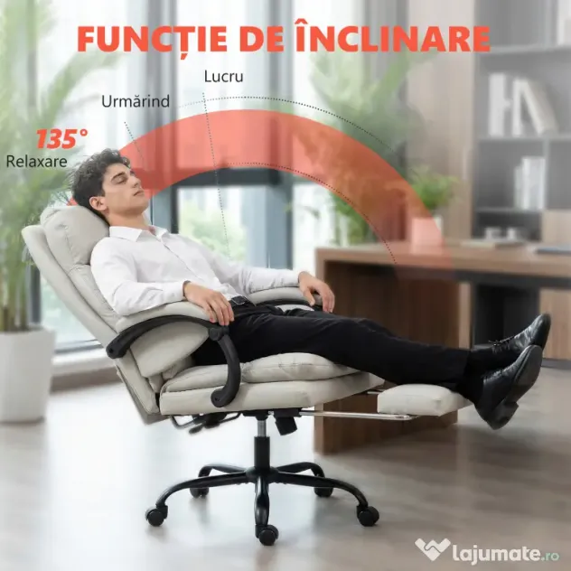 HOMCOM Scaun de Birou cu Masaj la 6 Puncte și Funcție de Încălzire, Reglabil 135° din Piele PU cu Suport pentru Picioare, Brațe Tapițate, Înălțime Reglabilă, Spătar Înalt, Gri Deschis | Aosom Romania