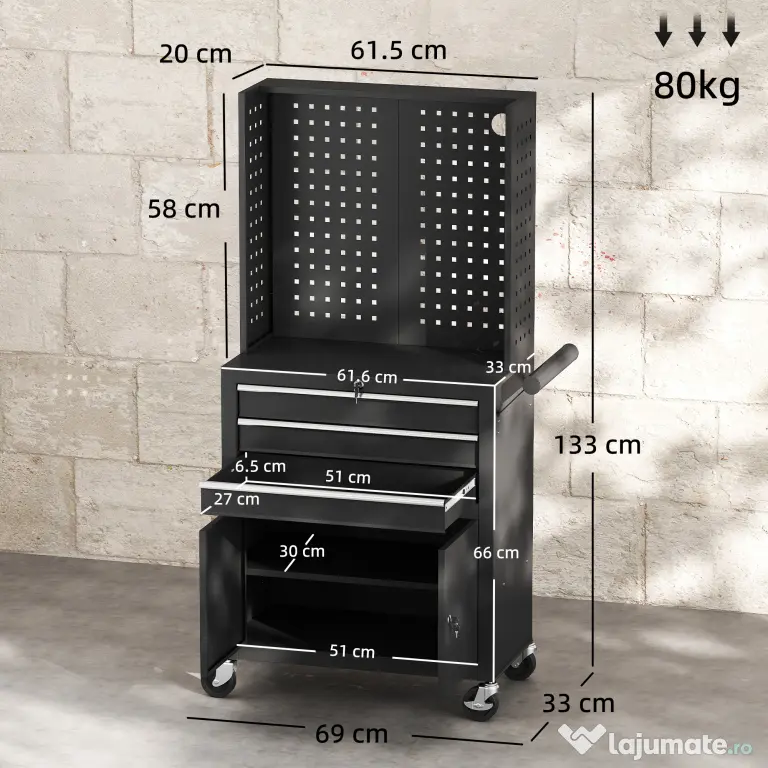 HOMCOM Cărucior de Scule din Oțel cu Blat de Lucru, 3 Sertare, Dulap, Panouri Perforate, Roți, Negru | Aosom Romania