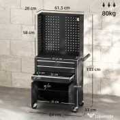 HOMCOM Cărucior de Scule din Oțel cu Blat de Lucru, 3 Sertare, Dulap, Panouri Perforate, Roți, Negru | Aosom Romania 