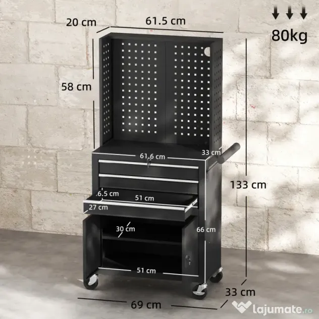 HOMCOM Cărucior de Scule din Oțel cu Blat de Lucru, 3 Sertare, Dulap, Panouri Perforate, Roți, Negru | Aosom Romania