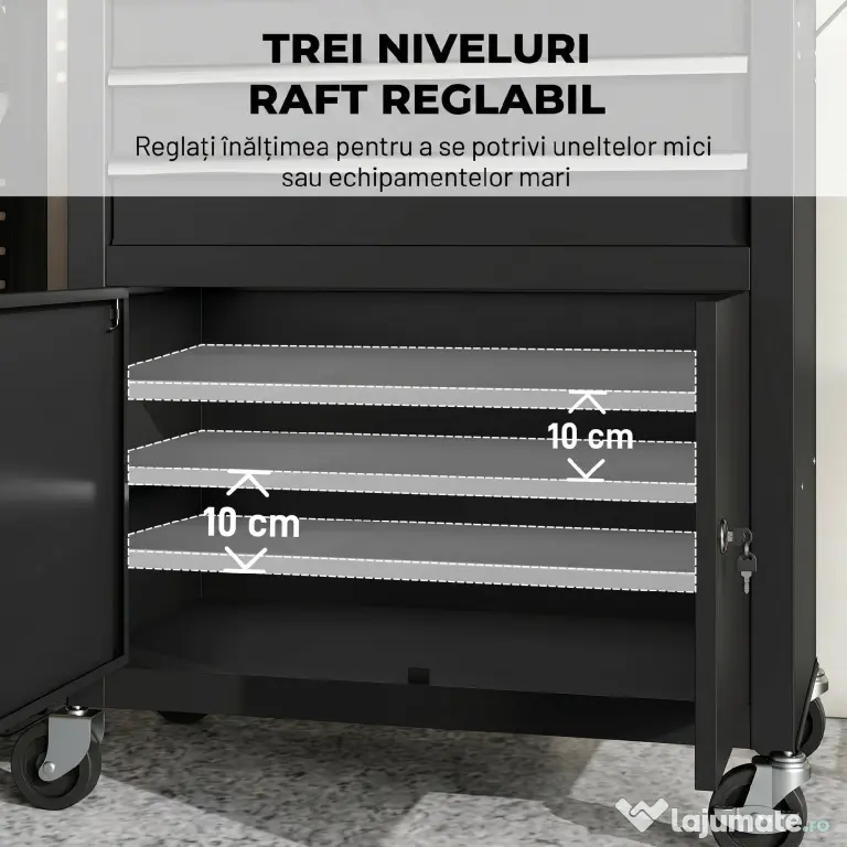 HOMCOM Cărucior de Scule din Oțel cu Blat de Lucru, 3 Sertare, Dulap, Panouri Perforate, Roți, Negru | Aosom Romania