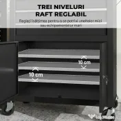 HOMCOM Cărucior de Scule din Oțel cu Blat de Lucru, 3 Sertare, Dulap, Panouri Perforate, Roți, Negru | Aosom Romania 