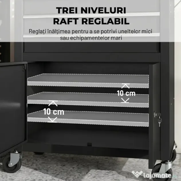 HOMCOM Cărucior de Scule din Oțel cu Blat de Lucru, 3 Sertare, Dulap, Panouri Perforate, Roți, Negru | Aosom Romania