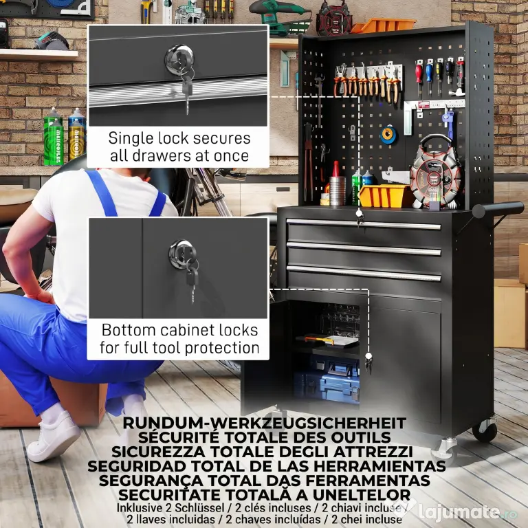 HOMCOM Cărucior de Scule din Oțel cu Blat de Lucru, 3 Sertare, Dulap, Panouri Perforate, Roți, Negru | Aosom Romania