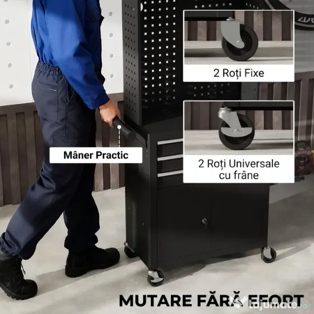 HOMCOM Cărucior de Scule din Oțel cu Blat de Lucru, 3 Sertare, Dulap, Panouri Perforate, Roți, Negru | Aosom Romania