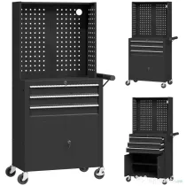 HOMCOM Cărucior de Scule din Oțel cu Blat de Lucru, 3 Sertare, Dulap, Panouri Perforate, Roți, Negru