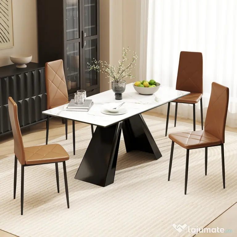 HOMCOM Set de 4 scaune de sufragerie cu spatar inalt, 41x50x97cm, maro | Aosom Romania