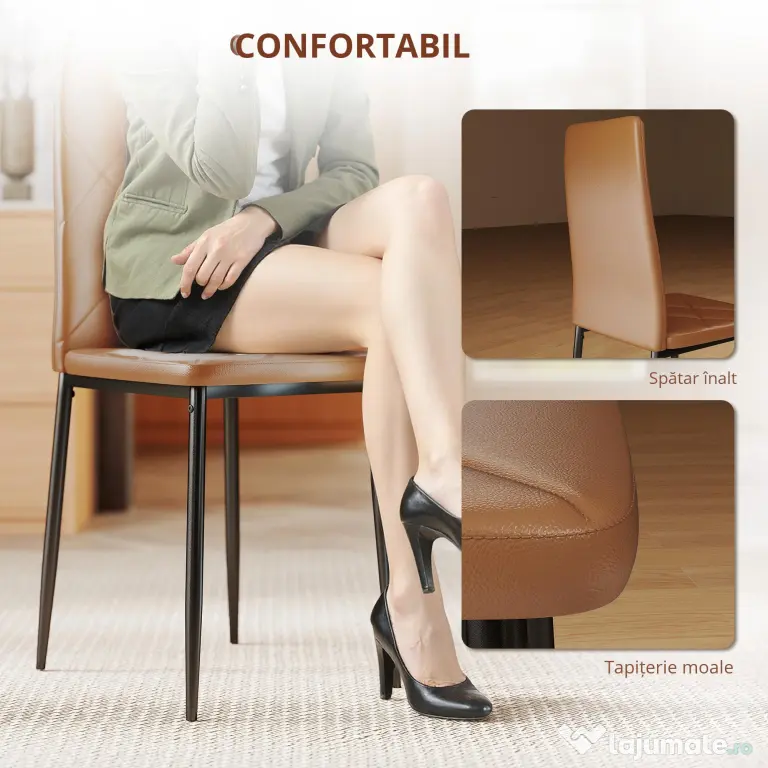 HOMCOM Set de 4 scaune de sufragerie cu spatar inalt, 41x50x97cm, maro | Aosom Romania