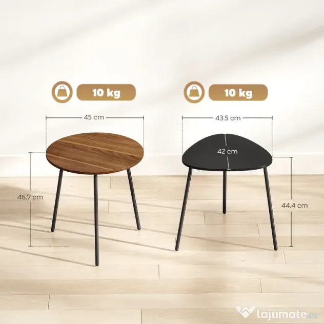 HOMCOM Set 2 Măsuțe de Cafe Suprapunibile cu Cadru din Metal Nuc și Negru | Aosom Romania