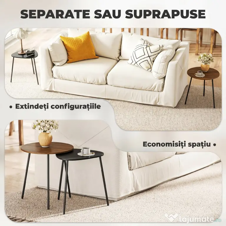 HOMCOM Set 2 Măsuțe de Cafe Suprapunibile cu Cadru din Metal Nuc și Negru | Aosom Romania
