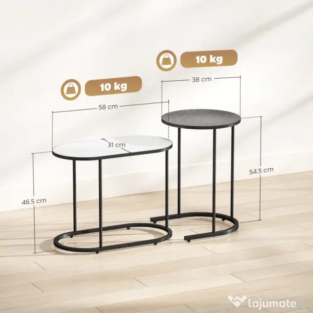 HOMCOM Set 2 Măsuțe de Cafea Suprapuse cu Cadru Metalic pentru Sufragerie și Birou, Gri și Alb | Aosom Romania