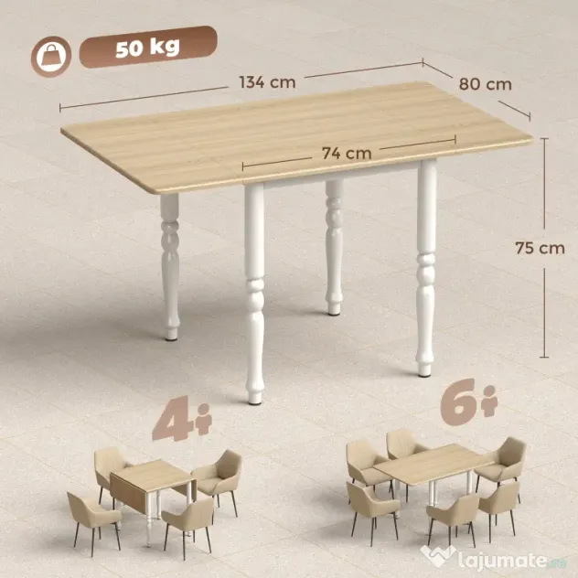 HOMCOM Masă Pliabilă pentru 2-6 Persoane, Extensibilă, Efect de Lemn, Finisaj Natural | Aosom Romania