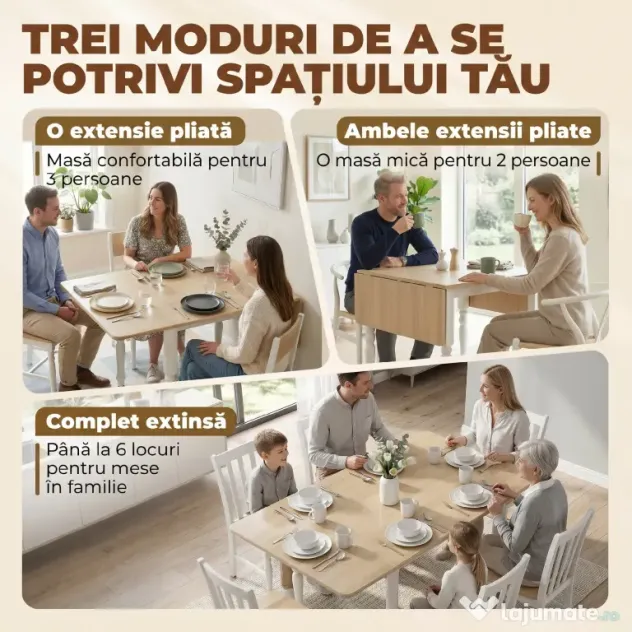HOMCOM Masă Pliabilă pentru 2-6 Persoane, Extensibilă, Efect de Lemn, Finisaj Natural | Aosom Romania