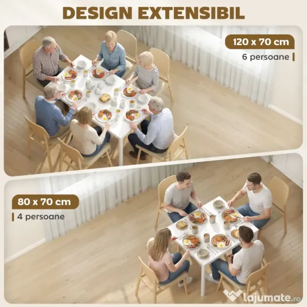 HOMCOM Masă de Sufragerie Extensibilă 80-120 cm pentru 4-6 Persoane, Masă Economisitoare de Spațiu cu Extensie Glisantă, Natural | Aosom Romania