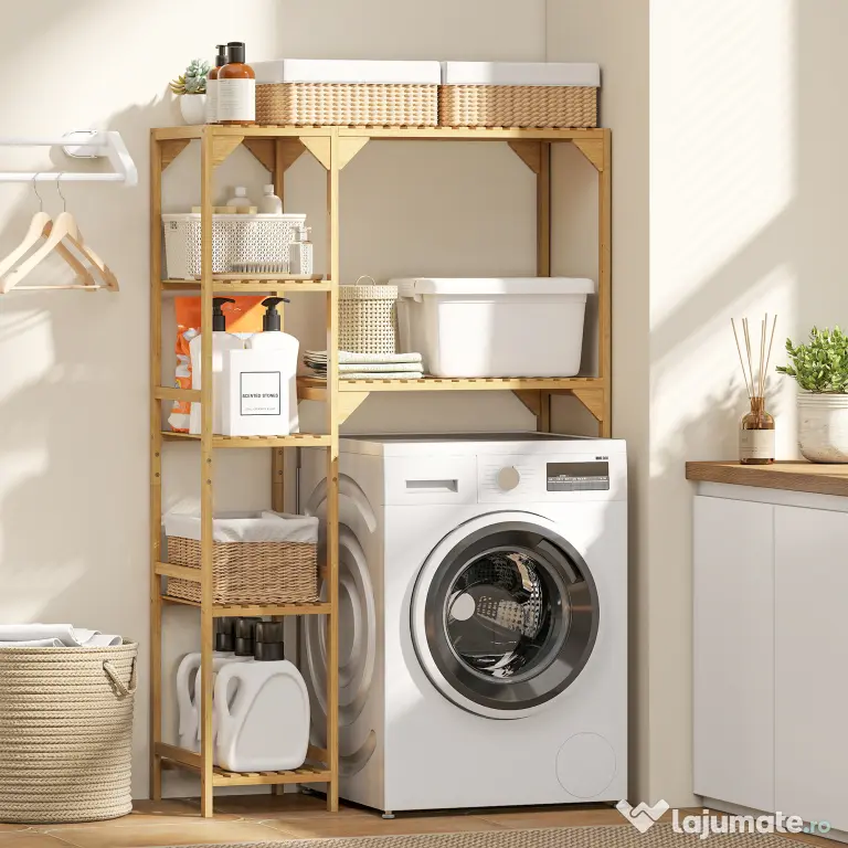 HOMCOM Dulap de deasupra Mașinii de Spălat din Bambus cu 7 Rafturi Reversibile, Dulap Compact cu Spațiu Reglabil, pentru Depozitare și Organizare, pentru Baie sau Spălătorie, 100x40x157 cm, Culoare Lemn