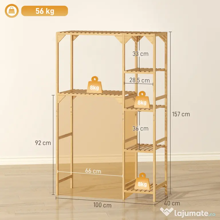 HOMCOM Dulap de deasupra Mașinii de Spălat din Bambus cu 7 Rafturi Reversibile, Dulap Compact cu Spațiu Reglabil, pentru Depozitare și Organizare, pentru Baie sau Spălătorie, 100x40x157 cm, Culoare Lemn