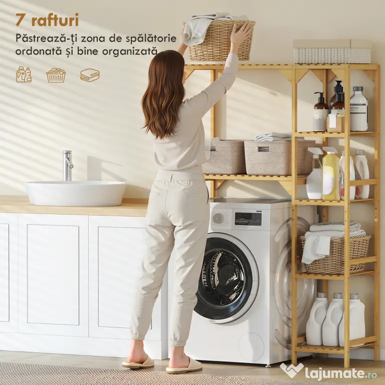 HOMCOM Dulap de deasupra Mașinii de Spălat din Bambus cu 7 Rafturi Reversibile, Dulap Compact cu Spațiu Reglabil, pentru Depozitare și Organizare, pentru Baie sau Spălătorie, 100x40x157 cm, Culoare Lemn