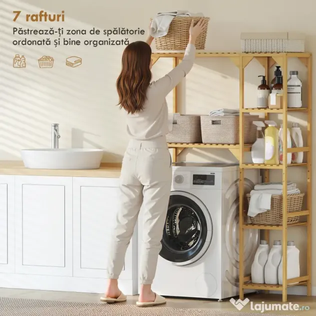 HOMCOM Dulap de deasupra Mașinii de Spălat din Bambus cu 7 Rafturi Reversibile, Dulap Compact cu Spațiu Reglabil, pentru Depozitare și Organizare, pentru Baie sau Spălătorie, 100x40x157 cm, Culoare Lemn