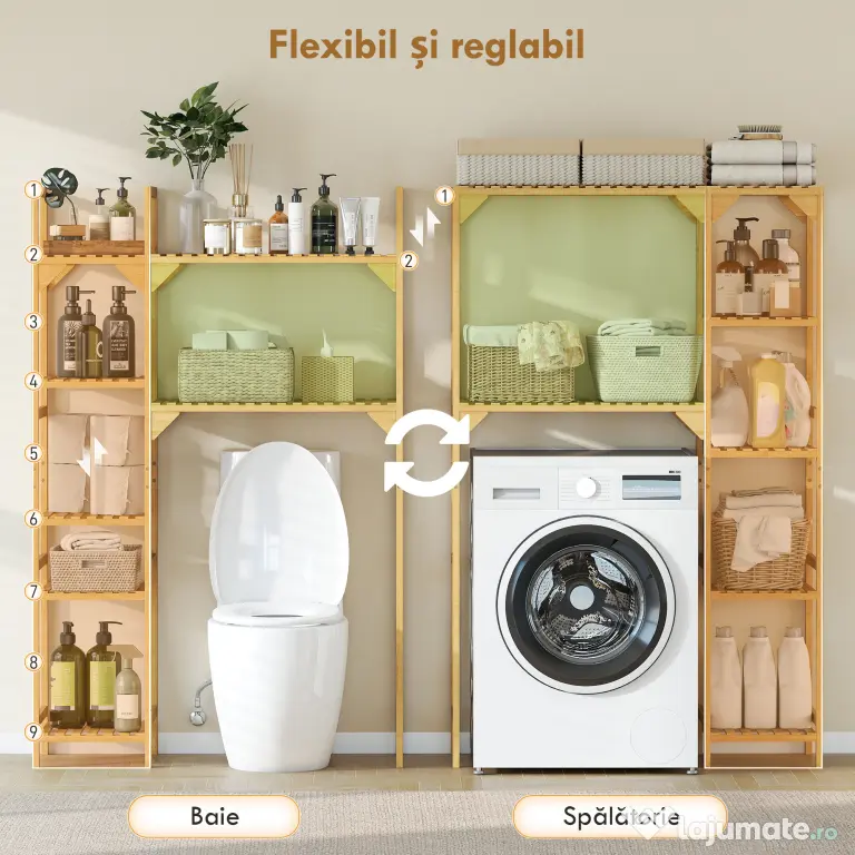 HOMCOM Dulap de deasupra Mașinii de Spălat din Bambus cu 7 Rafturi Reversibile, Dulap Compact cu Spațiu Reglabil, pentru Depozitare și Organizare, pentru Baie sau Spălătorie, 100x40x157 cm, Culoare Lemn
