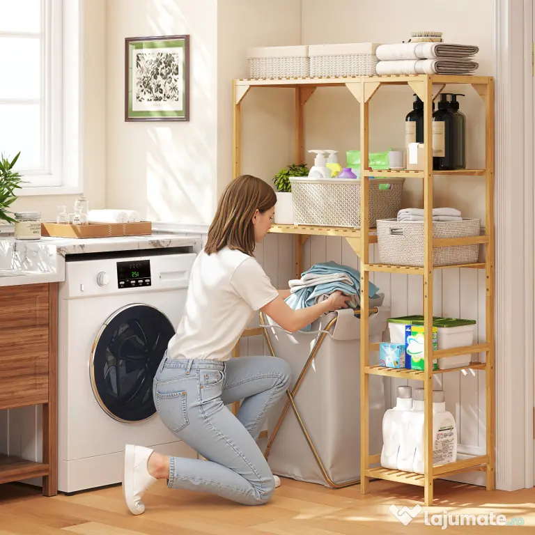 HOMCOM Dulap de deasupra Mașinii de Spălat din Bambus cu 7 Rafturi Reversibile, Dulap Compact cu Spațiu Reglabil, pentru Depozitare și Organizare, pentru Baie sau Spălătorie, 100x40x157 cm, Culoare Lemn