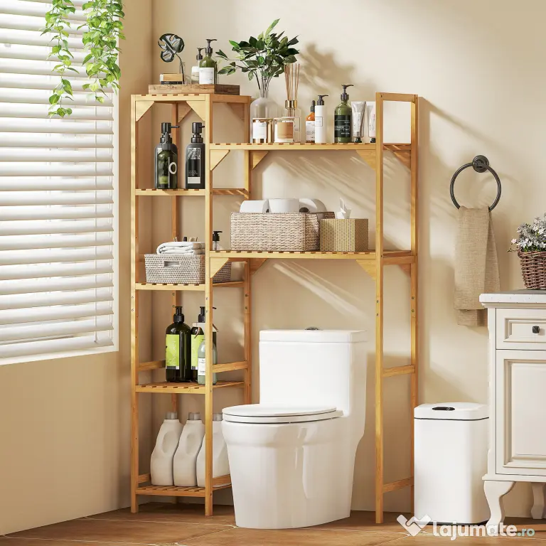 HOMCOM Dulap de deasupra Mașinii de Spălat din Bambus cu 7 Rafturi Reversibile, Dulap Compact cu Spațiu Reglabil, pentru Depozitare și Organizare, pentru Baie sau Spălătorie, 100x40x157 cm, Culoare Lemn
