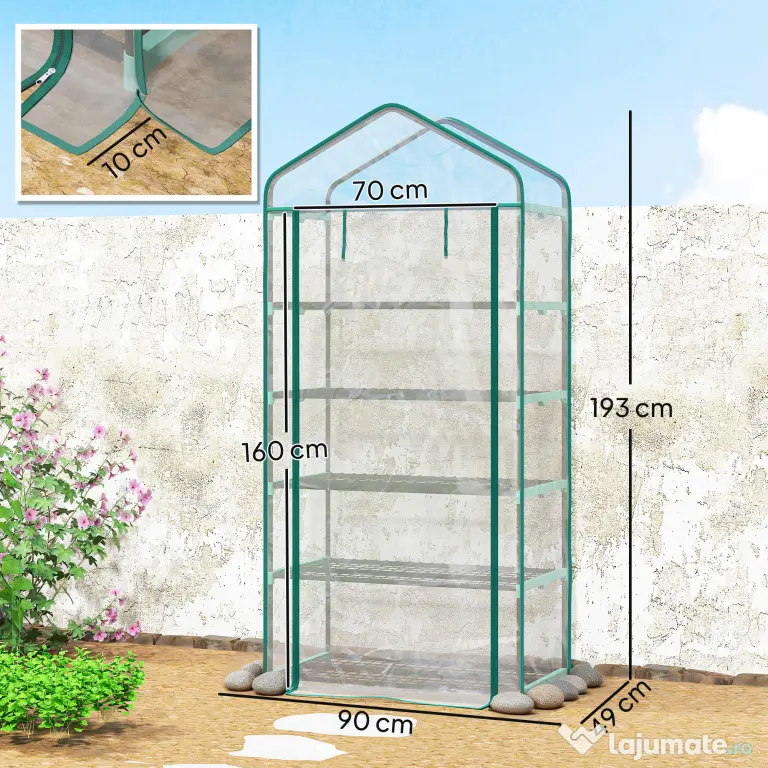 Outsunny Seră tip căsuță cu 5 niveluri, cu ușă rulabilă, din oțel și polietilenă, 90x49x193 cm, transparentă | Aosom Romania