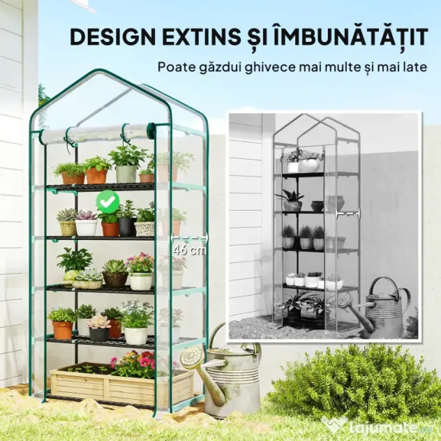 Outsunny Seră tip căsuță cu 5 niveluri, cu ușă rulabilă, din oțel și polietilenă, 90x49x193 cm, transparentă | Aosom Romania