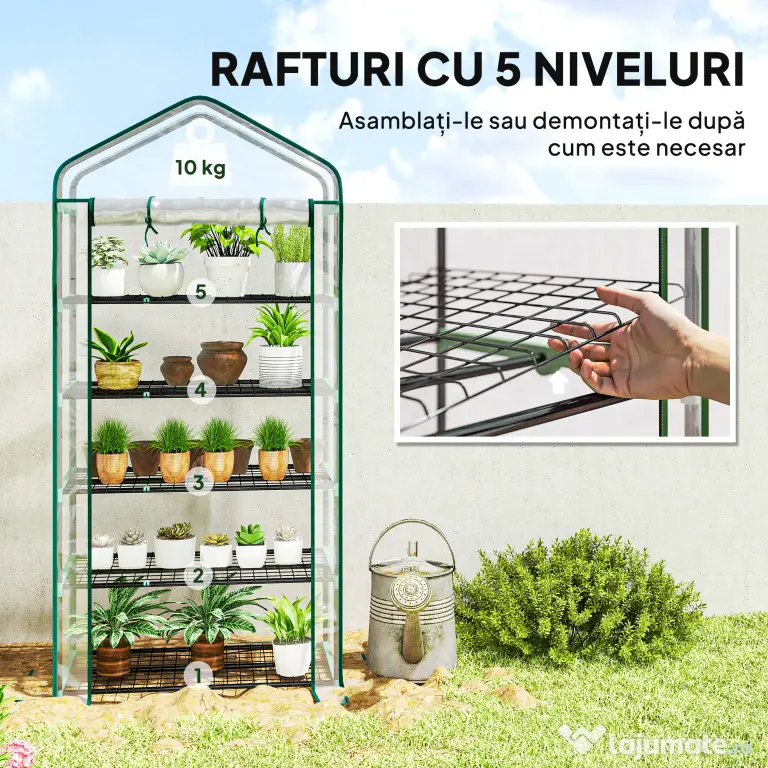 Outsunny Seră tip căsuță cu 5 niveluri, cu ușă rulabilă, din oțel și polietilenă, 90x49x193 cm, transparentă | Aosom Romania