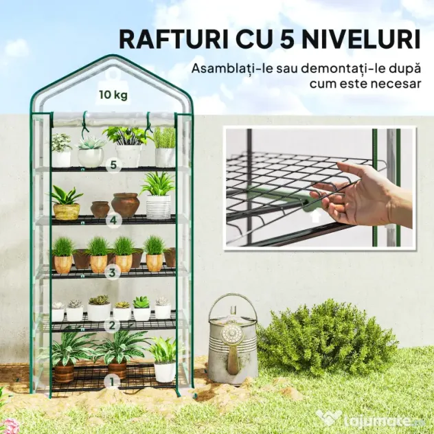 Outsunny Seră tip căsuță cu 5 niveluri, cu ușă rulabilă, din oțel și polietilenă, 90x49x193 cm, transparentă | Aosom Romania