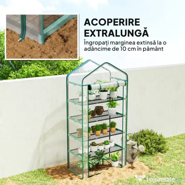 Outsunny Seră tip căsuță cu 5 niveluri, cu ușă rulabilă, din oțel și polietilenă, 90x49x193 cm, transparentă | Aosom Romania