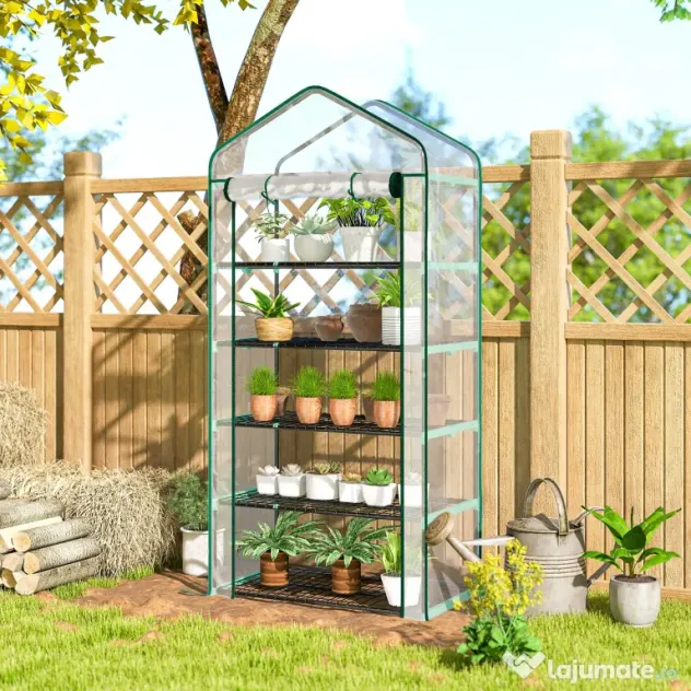 Outsunny Seră tip căsuță cu 5 niveluri, cu ușă rulabilă, din oțel și polietilenă, 90x49x193 cm, transparentă | Aosom Romania
