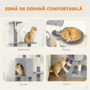 PawHut Ansamblu de joacă pentru pisici cu căsuță, stâlp de ascuțit gheare, platforme și 4 șoricei, 50x35x134.2 cm, gri | Aosom Romania 