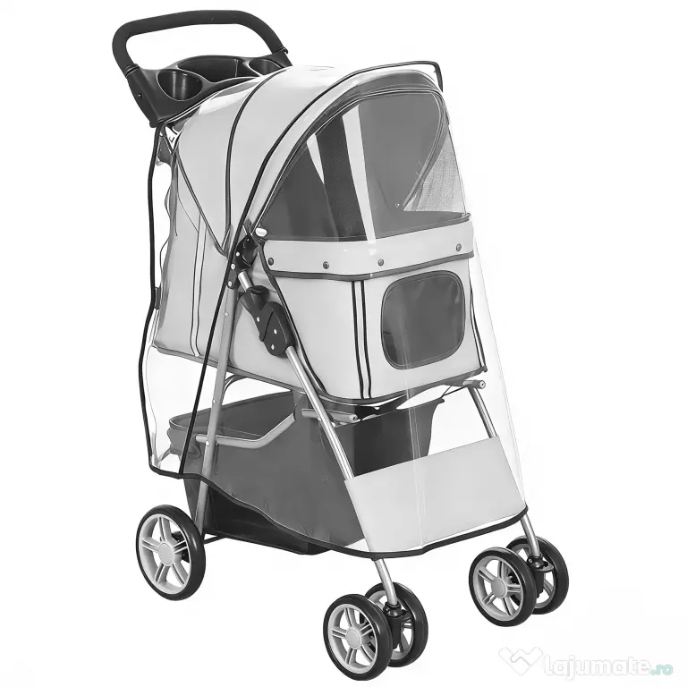PawHut Cărucior pentru Câini Pliabil cu Husă de Ploaie, Roți Rotative și Pernuță Lavabilă, 77x44x102cm, Gri | Aosom Romania