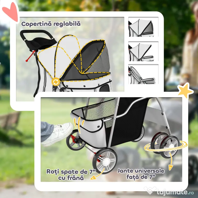 PawHut Cărucior pentru Câini Pliabil cu Husă de Ploaie, Roți Rotative și Pernuță Lavabilă, 77x44x102cm, Gri | Aosom Romania